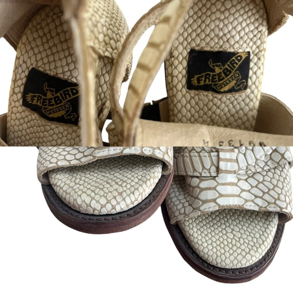 Freebird By Steven Womens 10 Cream Croco Claw Strappy Sandal Block Leather Heels
